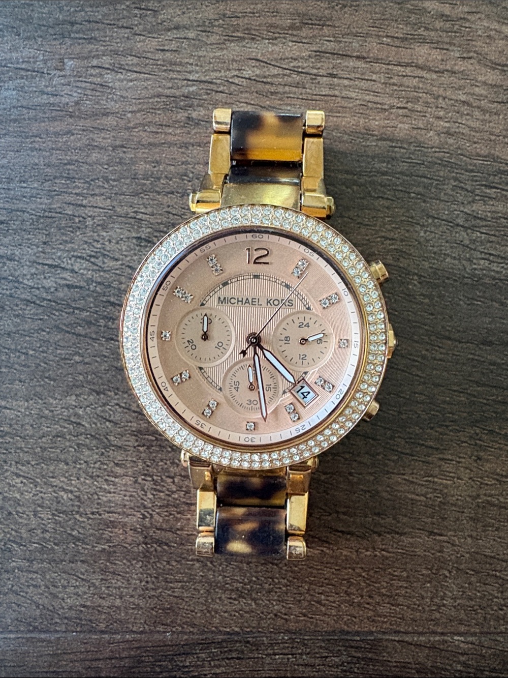 Michael Kors Gold-Tone Watch with Rose Gold Dial and Tortoiseshell Links